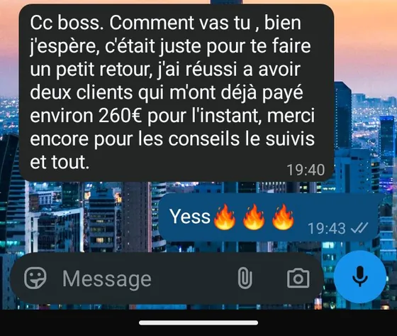Message : deux clients m'ont déjà payé environ 260 euros