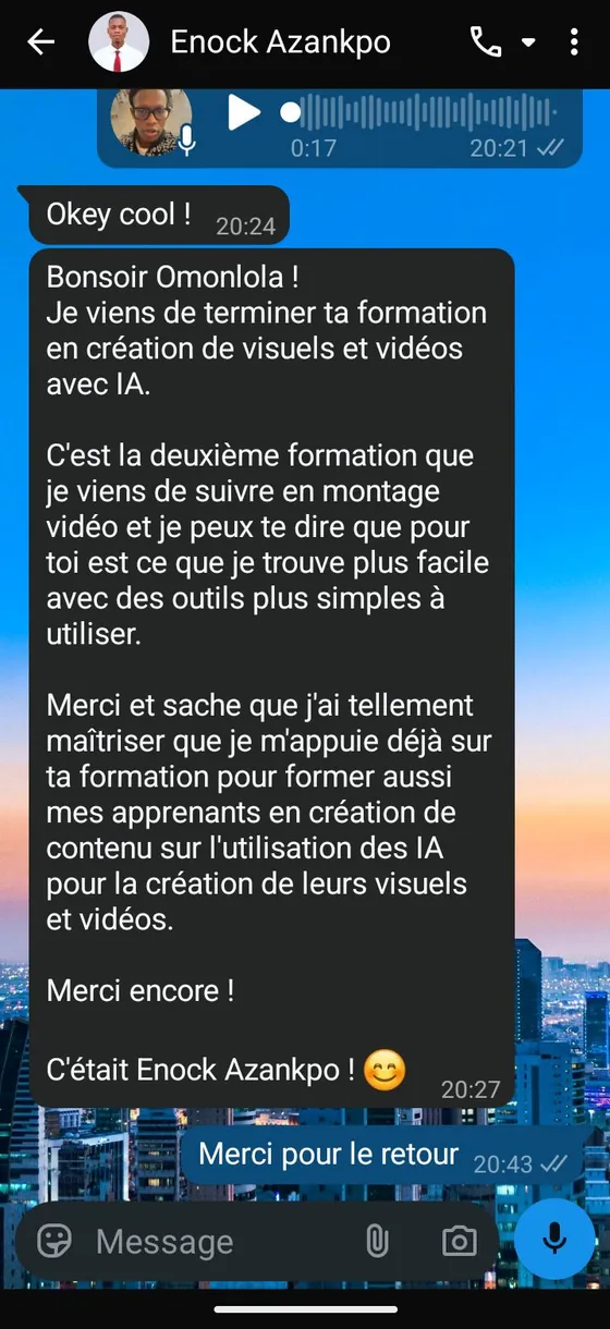 Message d'Enock Azankpo sur la formation