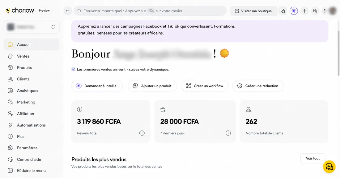 Tableau de bord Chariow : 3 119 860 FCFA de revenu total et 262 clients