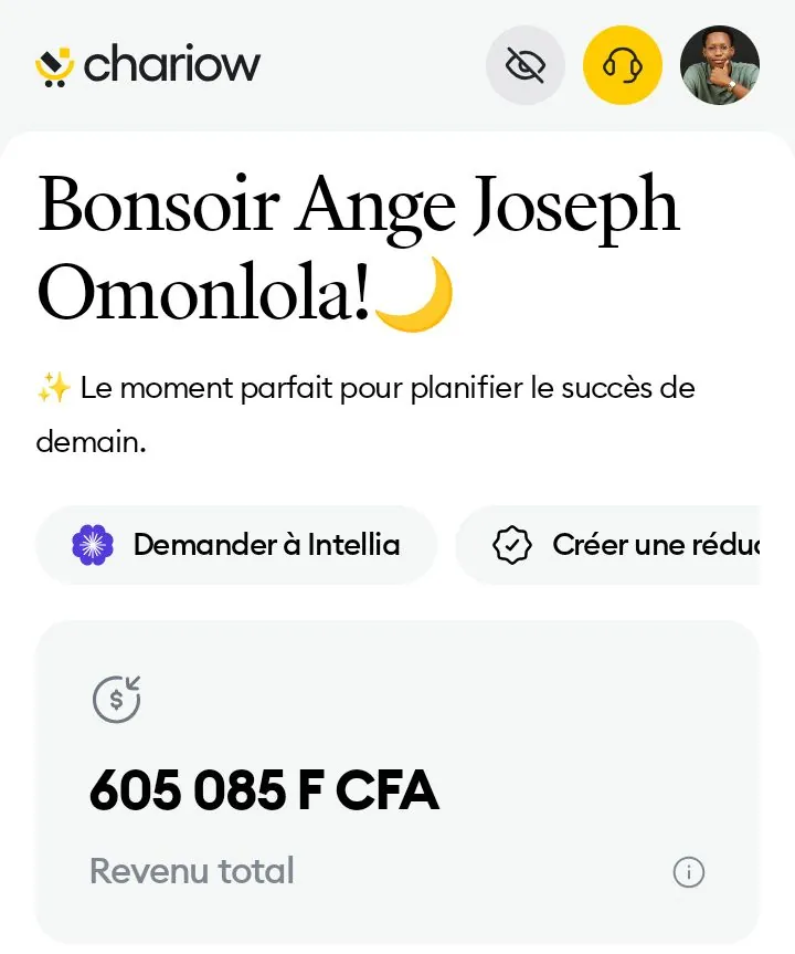 Tableau de bord Chariow : 605 085 FCFA de revenu total
